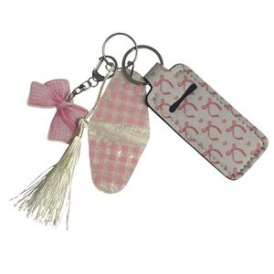 Coquette Pink Gingham Print Keychain Set with Pearl Motel Tag